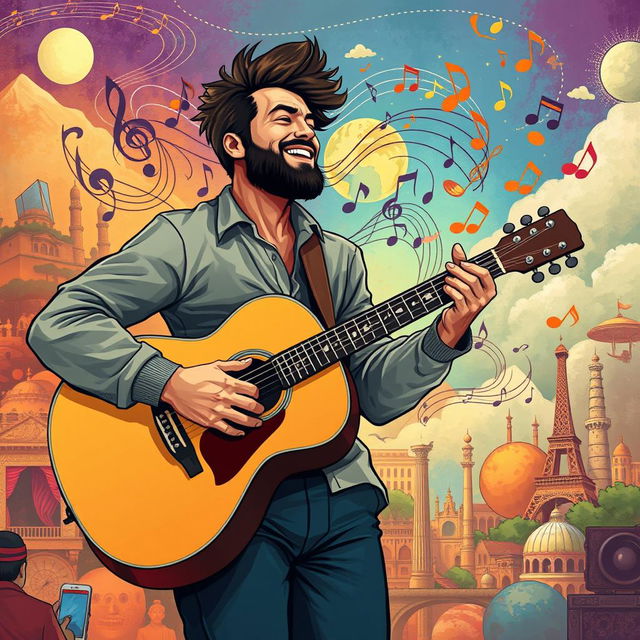 A dynamic and emotive illustration of a man playing a guitar, embodying the music of the world