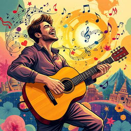 A dynamic and emotive illustration of a man playing a guitar, embodying the music of the world