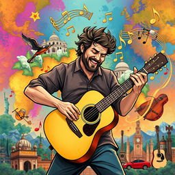 A dynamic and emotive illustration of a man playing a guitar, embodying the music of the world