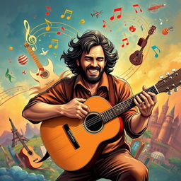 A dynamic and emotive illustration of a man playing a guitar, embodying the music of the world