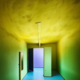 A 12x12 room with one door and a single window. One wall is intensely dark yellow, others are light green. The ceiling is plain white and the floor is a vivid blue.