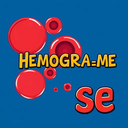 A vibrant and detailed illustration of a hemogram with visible red blood cells (hemácias), white blood cells (leucócitos), and platelets (plaquetas) depicted in bright, eye-catching colors