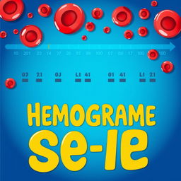 A vibrant and detailed illustration of a hemogram with visible red blood cells (hemácias), white blood cells (leucócitos), and platelets (plaquetas) depicted in bright, eye-catching colors