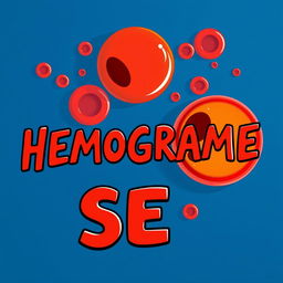 A vibrant and detailed illustration of a hemogram with visible red blood cells (hemácias), white blood cells (leucócitos), and platelets (plaquetas) depicted in bright, eye-catching colors