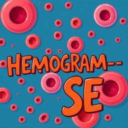 A vibrant and detailed illustration of a hemogram with visible red blood cells (hemácias), white blood cells (leucócitos), and platelets (plaquetas) depicted in bright, eye-catching colors