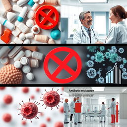 A collage featuring various medications and antibiotics clearly labeled with a red 'no' (X) sign on them, creating a visual statement against their use
