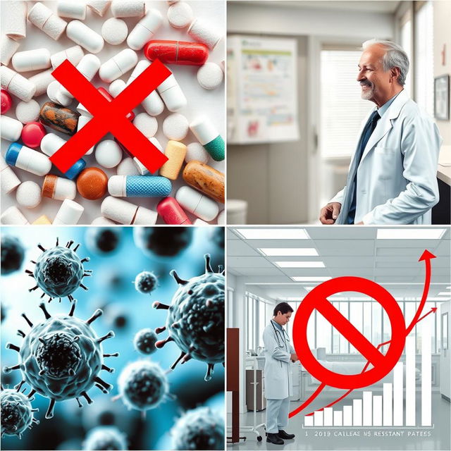 A collage featuring various medications and antibiotics clearly labeled with a red 'no' (X) sign on them, creating a visual statement against their use