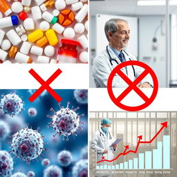 A collage featuring various medications and antibiotics clearly labeled with a red 'no' (X) sign on them, creating a visual statement against their use