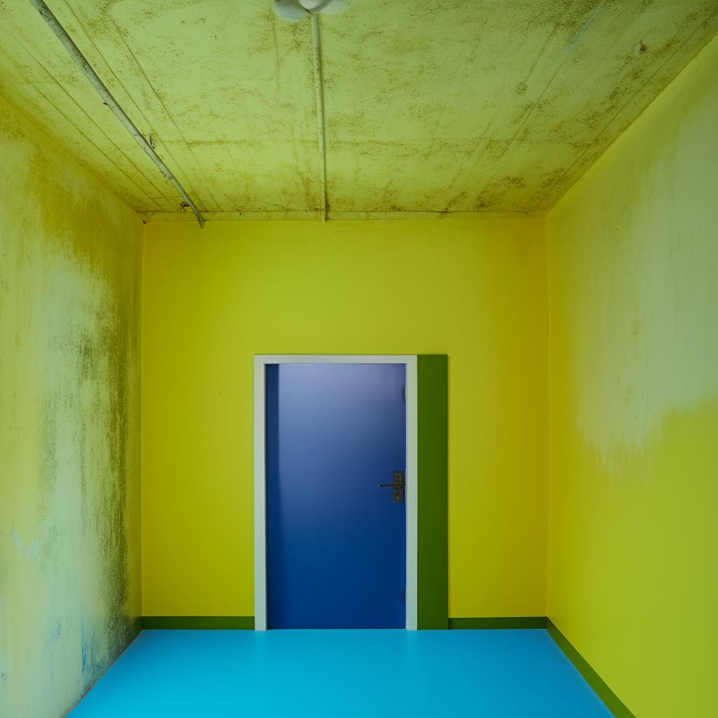 A 12x12 room with one door and a single window. One wall is intensely dark yellow, others are light green. The ceiling is plain white and the floor is a vivid blue.