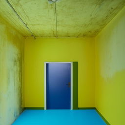 A 12x12 room with one door and a single window. One wall is intensely dark yellow, others are light green. The ceiling is plain white and the floor is a vivid blue.