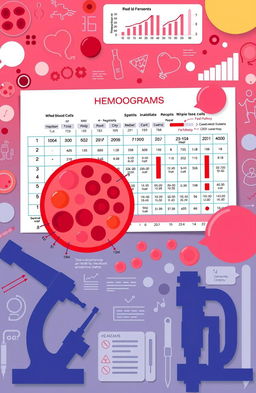 A beautifully designed educational background image featuring a detailed illustration of a hemogram (blood test) report, showcasing various components like red blood cells, white blood cells, and platelets, with colorful annotations explaining each part