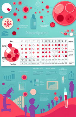 A beautifully designed educational background image featuring a detailed illustration of a hemogram (blood test) report, showcasing various components like red blood cells, white blood cells, and platelets, with colorful annotations explaining each part
