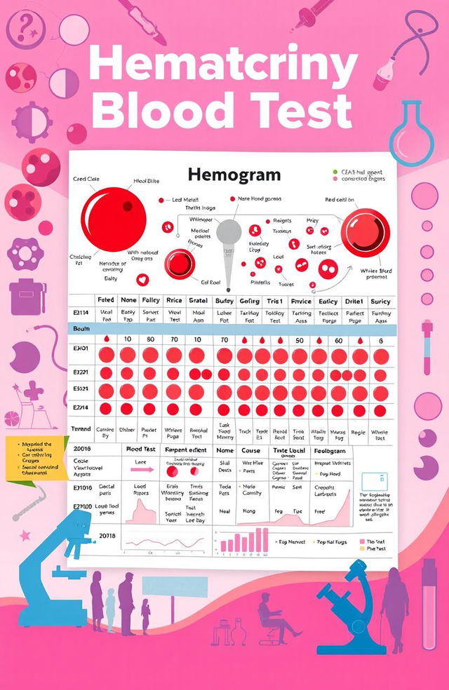 A beautifully designed educational background image featuring a detailed illustration of a hemogram (blood test) report, showcasing various components like red blood cells, white blood cells, and platelets, with colorful annotations explaining each part