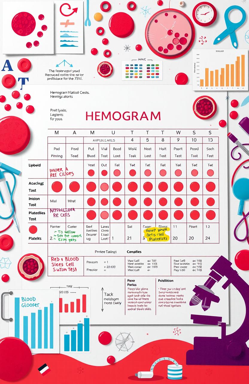 A beautifully designed educational background image featuring a detailed illustration of a hemogram (blood test) report, showcasing various components like red blood cells, white blood cells, and platelets, with colorful annotations explaining each part