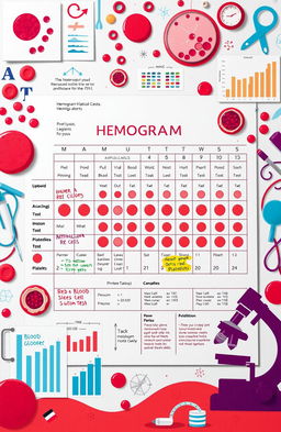 A beautifully designed educational background image featuring a detailed illustration of a hemogram (blood test) report, showcasing various components like red blood cells, white blood cells, and platelets, with colorful annotations explaining each part