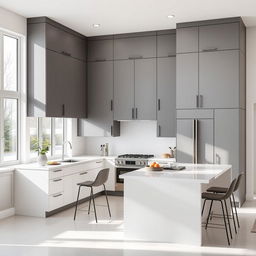 A modern kitchen featuring a sophisticated contrast between high grey cabinetry and low white cabinetry