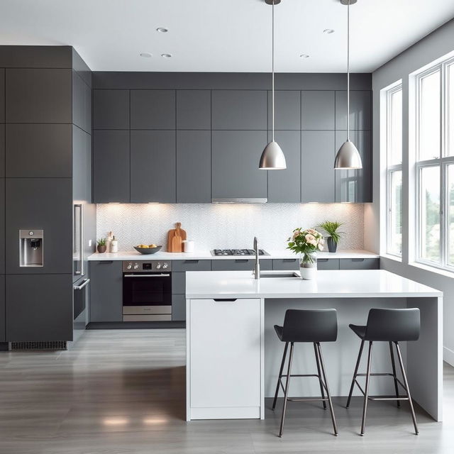 A modern kitchen featuring a sophisticated contrast between high grey cabinetry and low white cabinetry