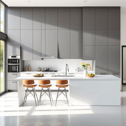 A modern kitchen featuring a sophisticated contrast between high grey cabinetry and low white cabinetry