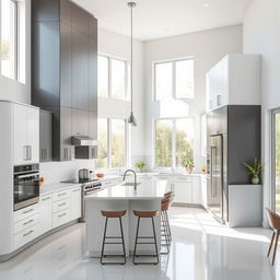 A modern kitchen featuring a sophisticated contrast between high grey cabinetry and low white cabinetry