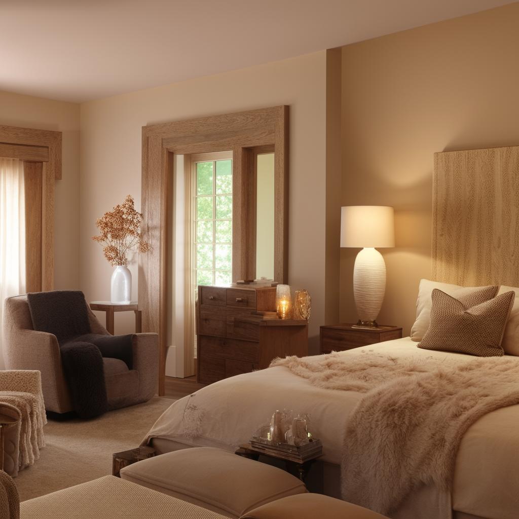 A beautiful 12x12 room interior, tastefully decorated with comfortable furniture, warm lighting, and elegant decor.