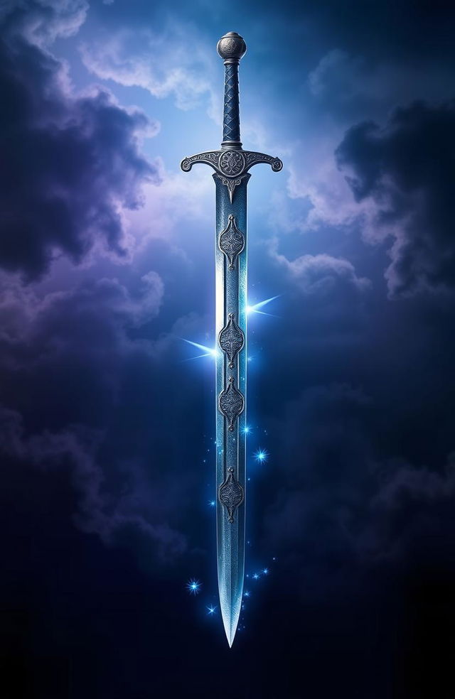 A dramatic depiction of an upside down sword suspended in mid-air, surrounded by a mystical glow