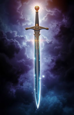 A dramatic depiction of an upside down sword suspended in mid-air, surrounded by a mystical glow
