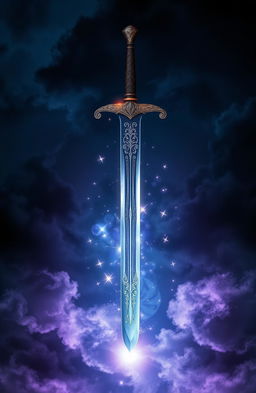 A dramatic depiction of an upside down sword suspended in mid-air, surrounded by a mystical glow