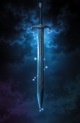 A dramatic depiction of an upside down sword suspended in mid-air, surrounded by a mystical glow
