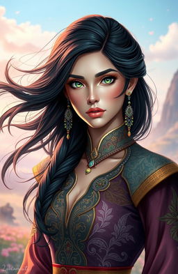 A stunning portrait of a fictional character named Lusik Aguleci, depicted as an elegant woman with flowing dark hair and striking green eyes