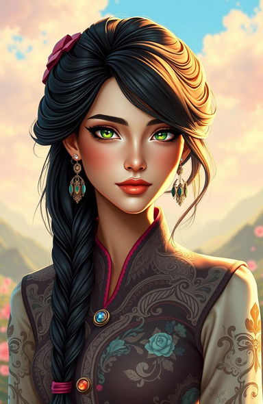 A stunning portrait of a fictional character named Lusik Aguleci, depicted as an elegant woman with flowing dark hair and striking green eyes