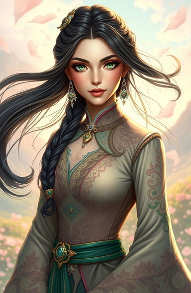 A stunning portrait of a fictional character named Lusik Aguleci, depicted as an elegant woman with flowing dark hair and striking green eyes