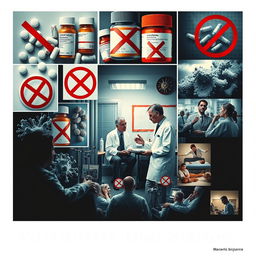 A visually striking poster design that encapsulates a scene where multiple events occur in a single setting: prominently displayed images of various medications and antibiotics, each marked with a bold 'no' (X) sign to indicate their unuse