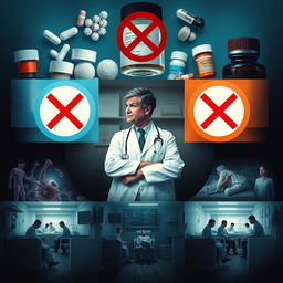 A visually striking poster design that encapsulates a scene where multiple events occur in a single setting: prominently displayed images of various medications and antibiotics, each marked with a bold 'no' (X) sign to indicate their unuse