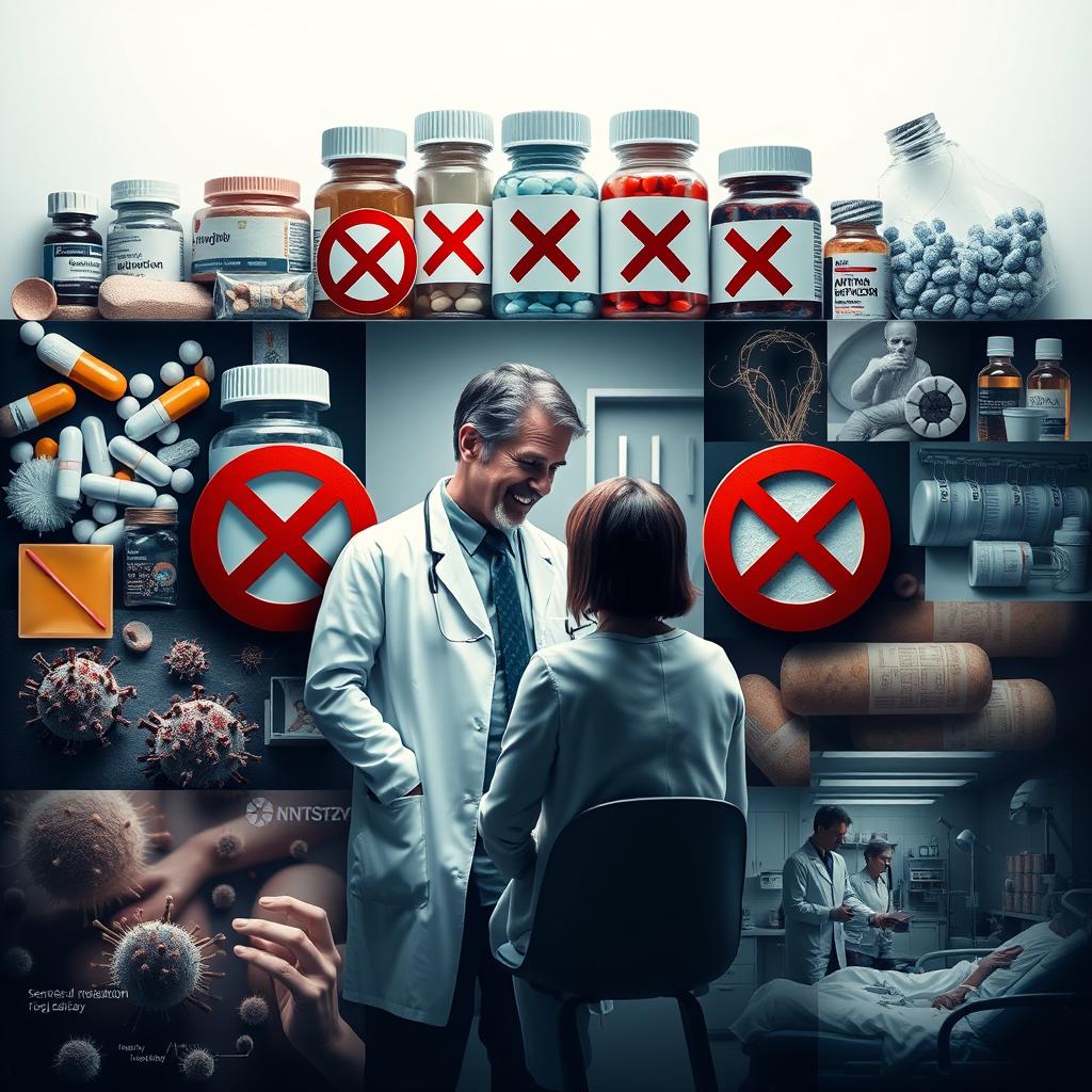 A visually striking poster design that encapsulates a scene where multiple events occur in a single setting: prominently displayed images of various medications and antibiotics, each marked with a bold 'no' (X) sign to indicate their unuse