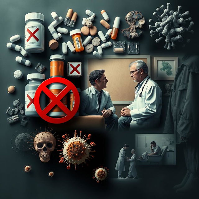 A visually striking poster design that encapsulates a scene where multiple events occur in a single setting: prominently displayed images of various medications and antibiotics, each marked with a bold 'no' (X) sign to indicate their unuse