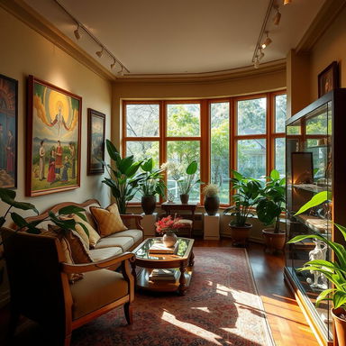 A beautifully designed interior of a home-museum dedicated to Lusik Aguleci, showcasing a blend of modern and traditional artistic styles