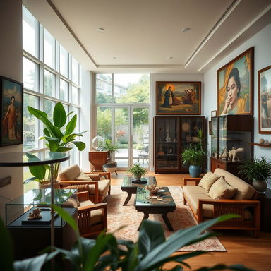 A beautifully designed interior of a home-museum dedicated to Lusik Aguleci, showcasing a blend of modern and traditional artistic styles