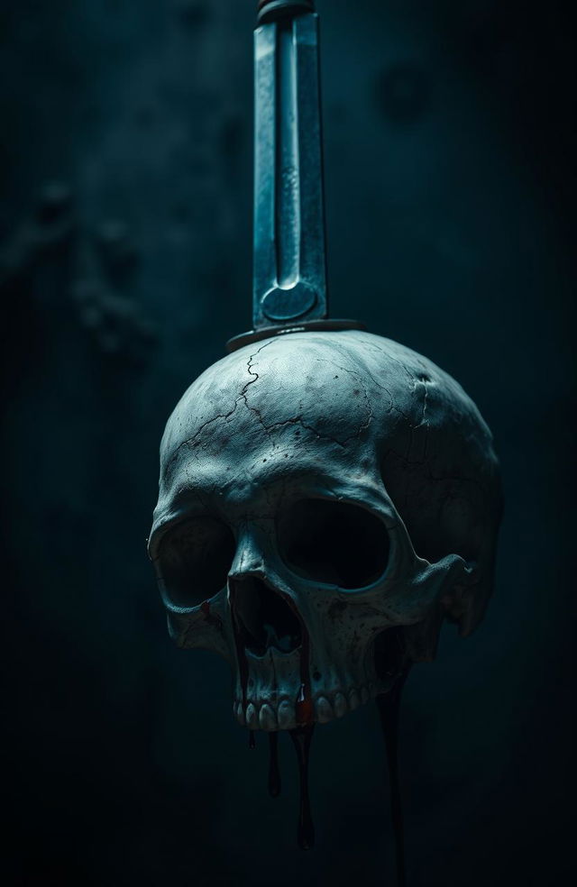 An upside down sword penetrating through a skull, set against a dramatic noir background