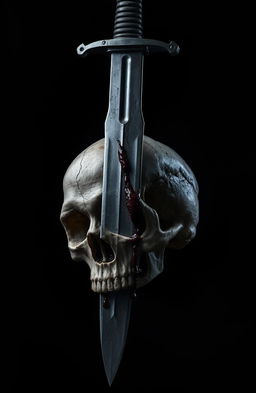 An upside down sword penetrating through a skull, set against a dramatic noir background