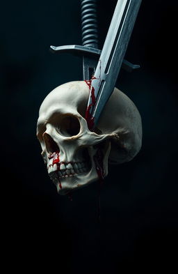 An upside down sword penetrating through a skull, set against a dramatic noir background