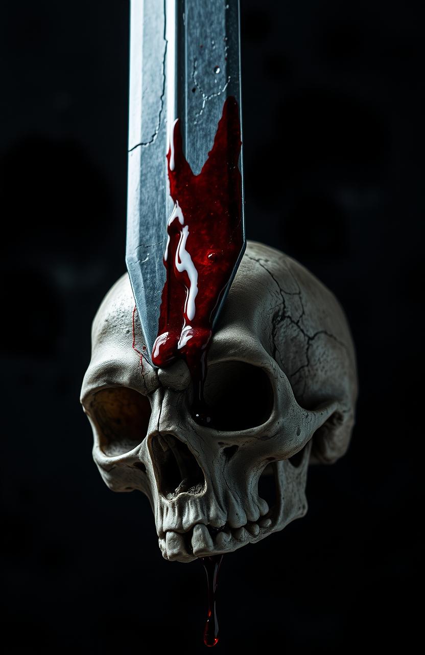 An upside down sword penetrating through a skull, set against a dramatic noir background