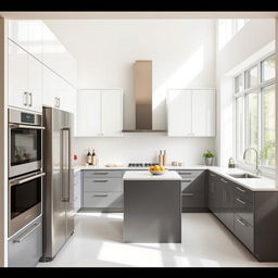 A sleek modern kitchen featuring high cabinetry in bright white and lower cabinetry in a stylish grey finish