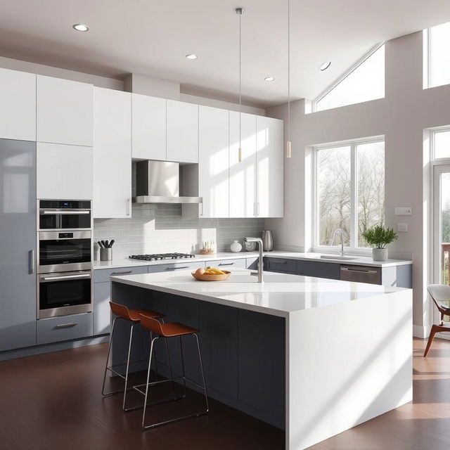 A sleek modern kitchen featuring high cabinetry in bright white and lower cabinetry in a stylish grey finish