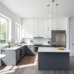 A sleek modern kitchen featuring high cabinetry in bright white and lower cabinetry in a stylish grey finish