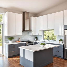 A sleek modern kitchen featuring high cabinetry in bright white and lower cabinetry in a stylish grey finish