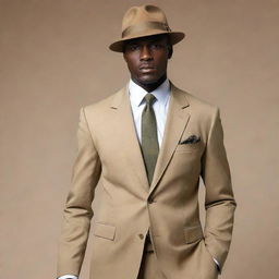 The same menacing dark-skinned man with an ax-like head shape and piercing eyes, now dressed in a stylish khaki suit and matching khaki hat