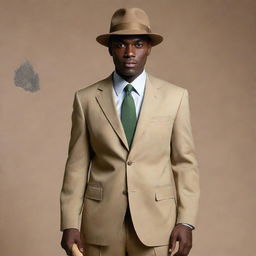 The same menacing dark-skinned man with an ax-like head shape and piercing eyes, now dressed in a stylish khaki suit and matching khaki hat