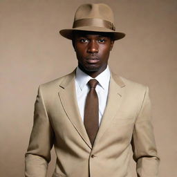 The same menacing dark-skinned man with an ax-like head shape and piercing eyes, now dressed in a stylish khaki suit and matching khaki hat