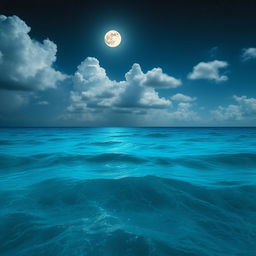 A serene ocean scene with vibrant, deep blue waters that reflect the subtle variations of the partly cloudy night sky above