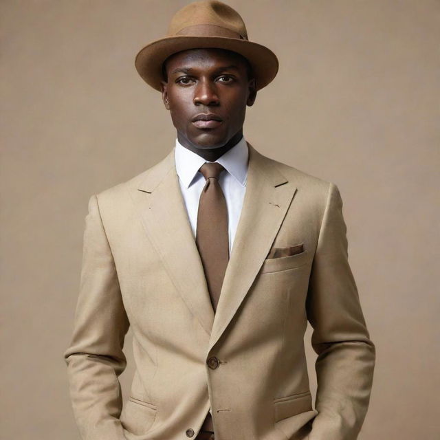 The same menacing dark-skinned man with an ax-like head shape and piercing eyes, now dressed in a stylish khaki suit and matching khaki hat